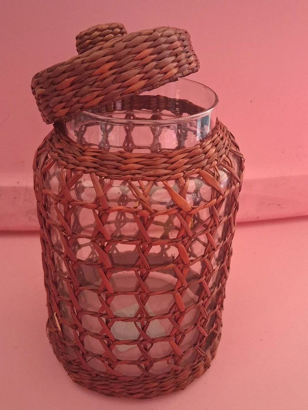 Woven Rattan Glass Jar with Lid - Brown NWT